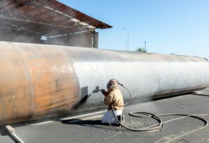 View of the manuel sandblasting to the large pipe. Abrasive blasting more commonly known as sandblasting is the operation of forcibly propelling a stream of abrasive material against a surface under high pressure.